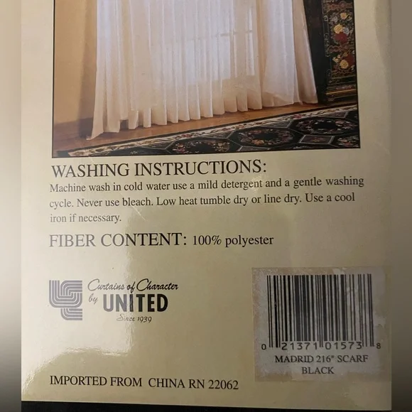 NWOT black window scarf sheer VO I LE style 603 Madrid 59” x 216” - Picture 3 of 4